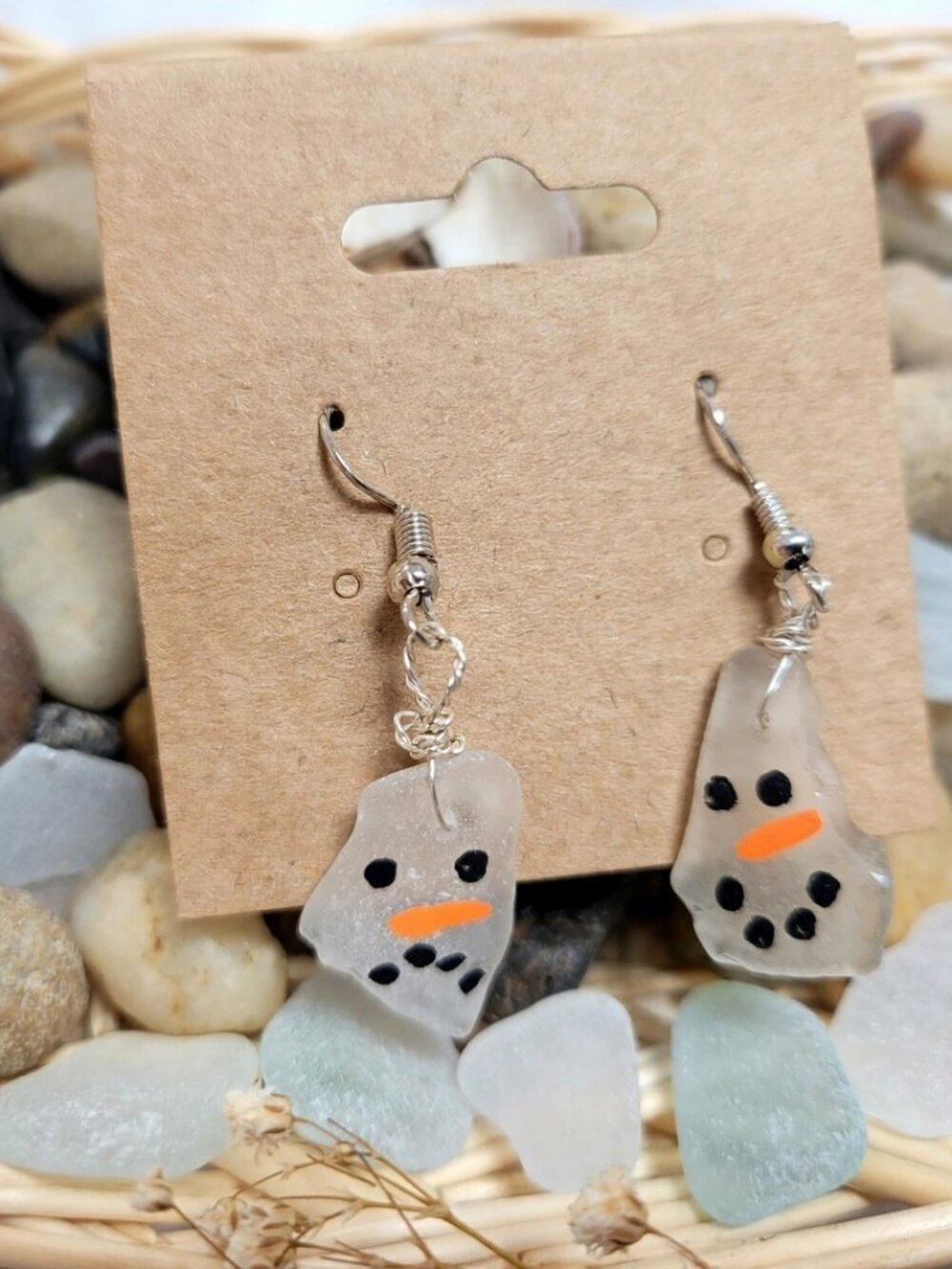 Snowman Face Dangle Earrings - Handmade Sea Glass Christmas
